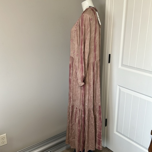 ZARA Embroidered Beaded Tie Dye Dusky Pink Boho Maxi Tiered Dress Sz M NEW - Picture 9 of 15